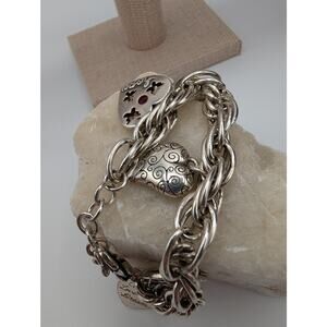 Brighton Chunky Silver Tone Charm Bracelet Red Dress Enamel Hearts Hope Love Gem